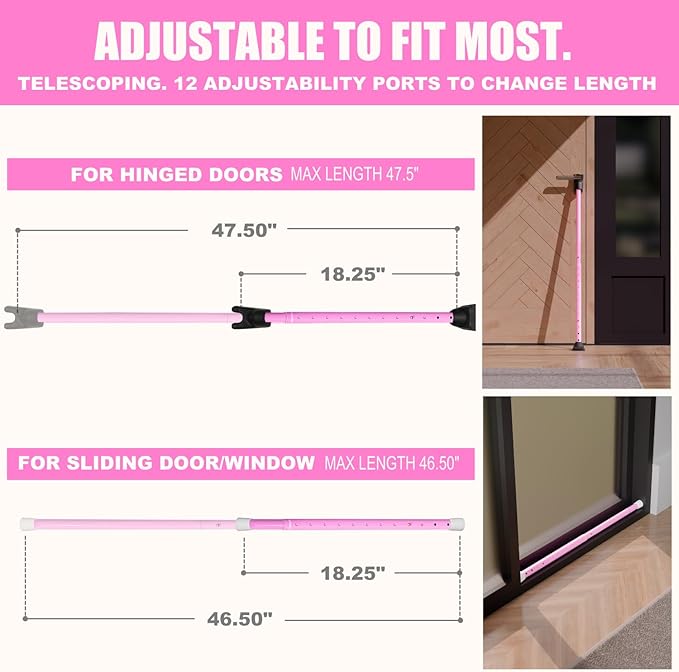 SECURITYMAN 3-in-1 Door Security Bar, Security Door Stoppers & Door Barricade – Heavy Duty Adjustable Iron Security Lock Bar for Home Defense, Apartment & Travel Safety (1 Pack - Pink)
