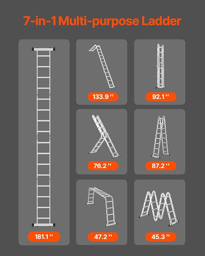VEVOR Multi-Purpose Folding Ladder, 7-in-1 Tall Extension Step Ladder, A Frame 4 Step Telescoping Ladder, 15.5ft Reach Height Heavy Duty Adjustable Ladder, 330 lbs Capacity for Home Outdoor