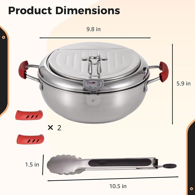 Deep Fryer Pot with Tongs, Stainless Steel Japanese Fryer with Temperature Control and Oil Drip Drainer Rack, Japanese Tempura Pot Set for French Fries Chicken Japanese Tempura (9.8 Inch)