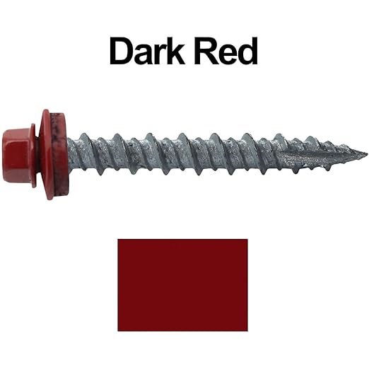 10 x 1-1/2" Dark RED Metal Roofing Screws - Hex Washer Head- Self-Starting/Tapping - EPDM Washer. 1 x 250 Count Bag - 250 Screws