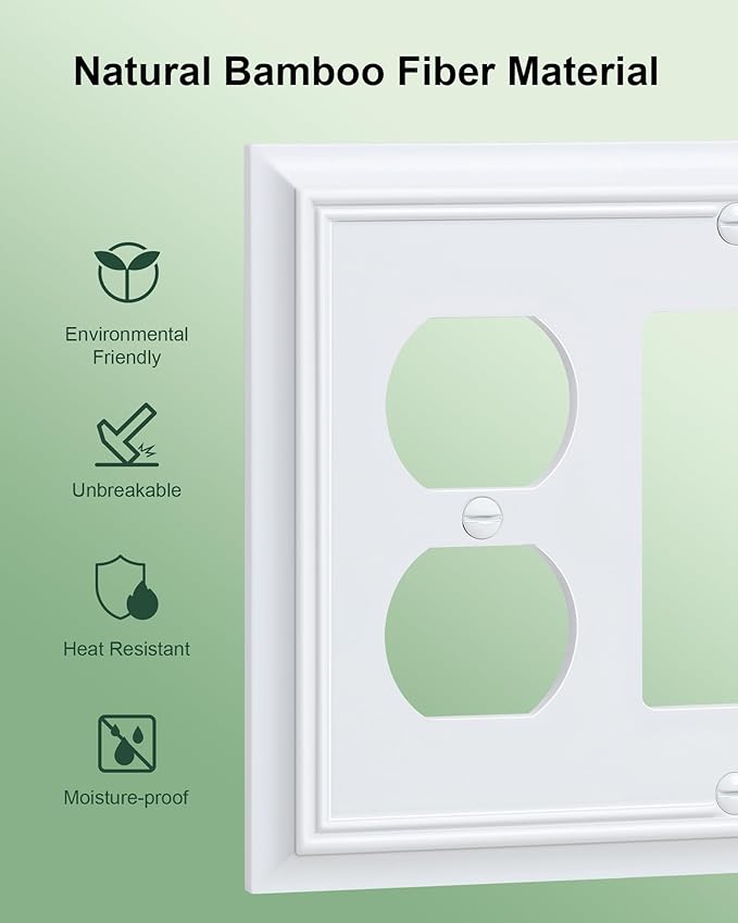 2-Pack Combo Duplex/Decorator Outlet Cover Plate, Pure White Decorative Switch Plates Covers, Durable Natural Bamboo Fiber Wall Plates for Electrical Outlets, Receptacle, GFCI Outlet, Dimmer Switch
