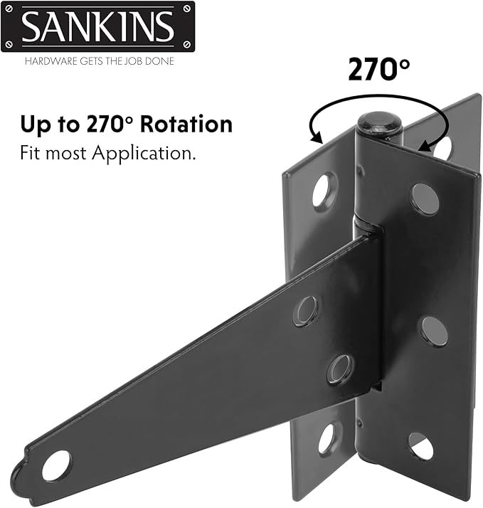 4 Inch T-Strap Shed Door Hinges Heavy Duty, Black Tee Gate Hinges for Wooden Fences, Yard Door, Barn Door Gates, Wrought Hardware Rustproof, 6Pack