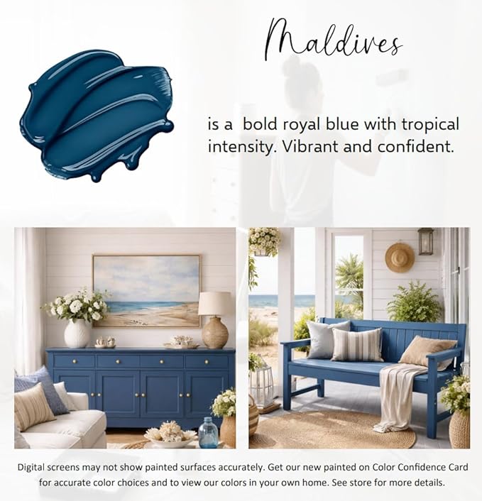ALL-IN-ONE Paint by Heirloom Traditions, Maldives (Royal Blue), Quart - Durable cabinet and furniture paint. Built in primer and top coat, no sanding needed. Includes our 30 featured color card.