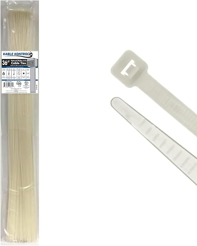 Kable Kontrol Cable Zip Ties Natural White 100 Pcs 36 Inch, 50 Lbs Tensile Strength, Self-locking Natural Nylon Clear Plastic Wire Ties wraps for Indoor or Outdoor Use