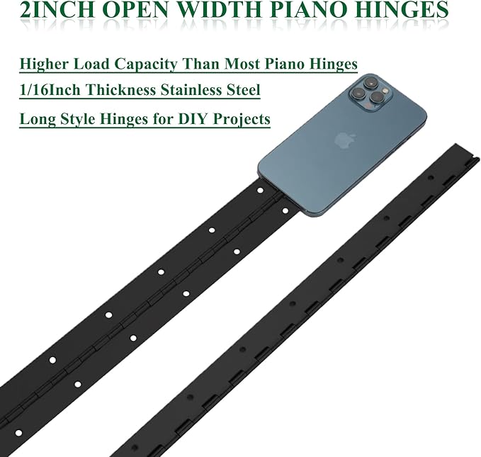 2Pack Heavy Duty Piano Hinge, 2" Open Width x 18" Continuous & Piano Hinges, 0.06” Thick Stainless Steel Piano Hinge with Holes, Black Stainless Furniture Hinges for Cabinet Door Cases Woodworking