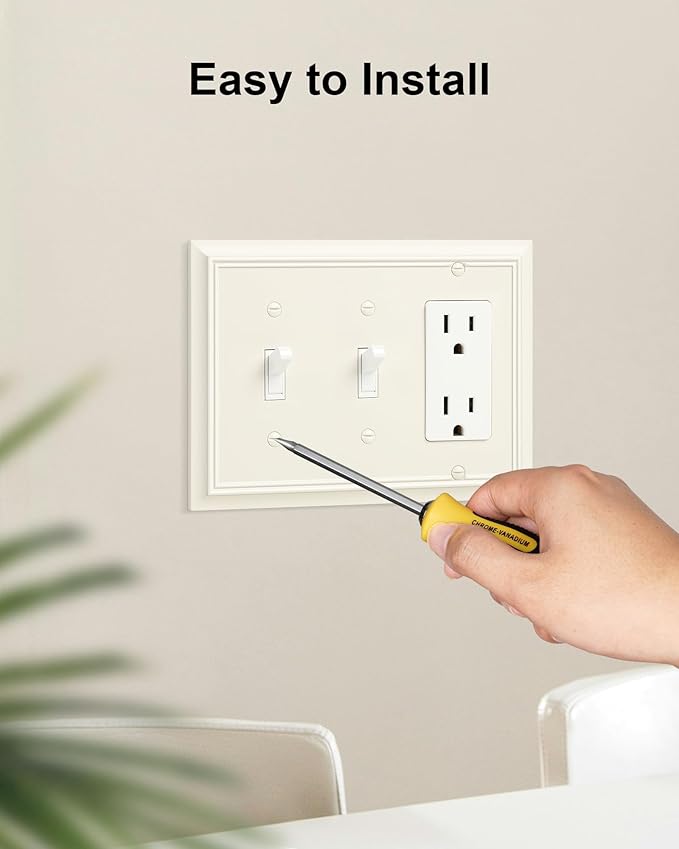 2-Pack Combo Double Toggle/Decorator Outlet Cover Plate, Light Almond Decorative Switch Plates and Outlet Covers, Durable Natural Bamboo Fiber Wall Plate for Electrical Outlet, Receptacle, GFCI Outlet