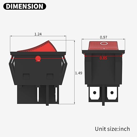 DaierTek 12V 30A Rocker Switch 4 Pin Red LED Lighted Rocker Toggle Switch DPST Heavy Duty 30 Amp 12 Volt Rocker Switch KCD2 KCD4-5pcs