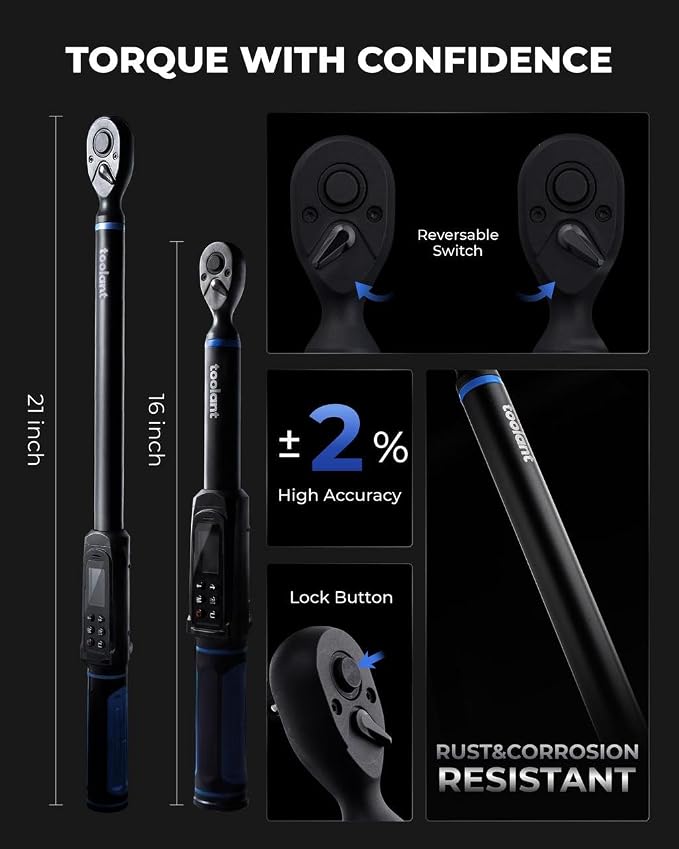 toolant 3/8" & 1/2" Digital Torque Wrench Set, 3/8" 1.5-100 ft-lb (2-135 N·m) / 1/2" 3.7-250 ft-lb (5-340 N.m), ±2% Accuracy 2-Pack with 3 Alerts, 9 Presets & 500 Memory for Car Motorcycle Bike Truck