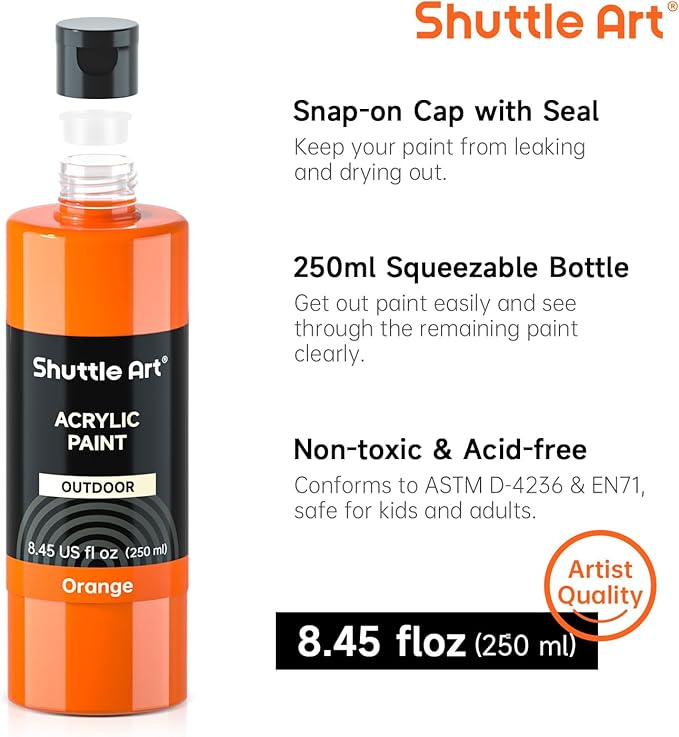 Shuttle Art Outdoor Acrylic Paint Set, 12 Colors Waterproof Paint, 8.45oz/250ml Large Bottles, Rich Pigmented Bulk Painting Supplies for Artists, Beginners on Rocks, Wood, Wall, Crafts, Garden Statues