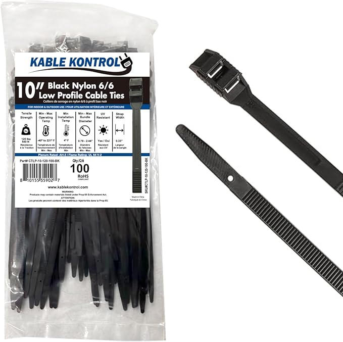 Kable Kontrol Low-Profile Cable Ties 10 Inch 100 Pcs, 120 Lbs Test - Black | Double Locking Cable Ties UL Listed Inline Zip Ties - Chemical, UV & Abrasion Resistant Ties for Automotive & Medical Use