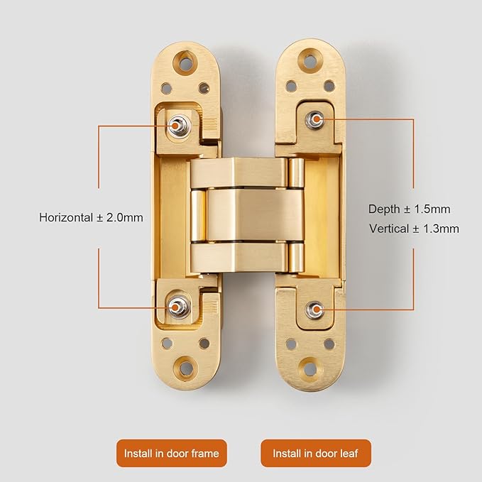 YAGU 5.5 inch Hidden Door Hinge 3 Way Adjustable Invisible Hinges for Doors Zinc Alloy Secret Door Hinges Concealed Door Butt Hinge 180 Degree Swing Matte Gold Door Hinge 1PC