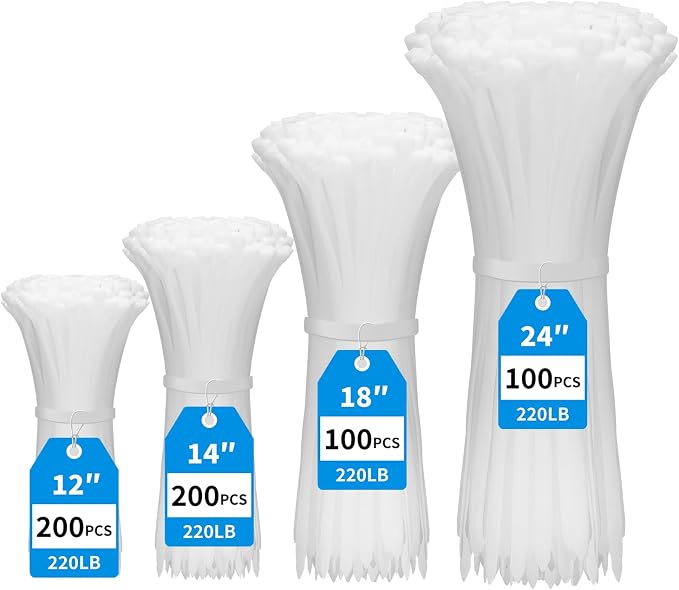 XINGO 600 Pack White Zip Ties Heavy Duty Assorted Sizes, 12"+14"+18"+24",220LBS Ultra Strong Plastic Wire Ties, Large Cable Ties Extra Long Tie Wraps For Indoor and Outdoor Use