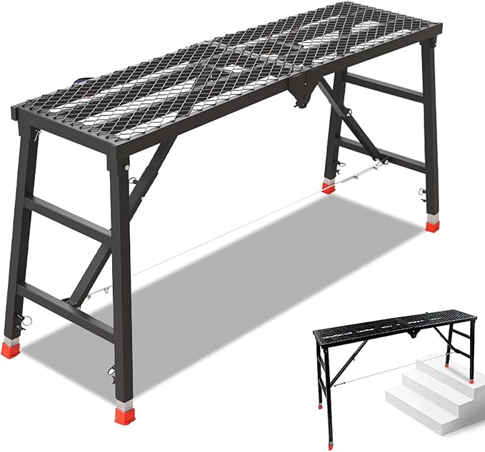 Foldable Scaffolding Platform, 70.9x15.8x35.8-61.4 Inch Heavy Duty Portable Work Platform with Adjustable Legs, 770 Lbs Capacity Platform Ladder for Stairs & Uneven Ground, Home Improvement