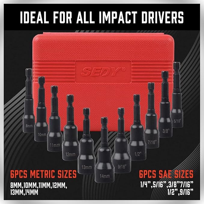 12-Piece Magnetic Nut Driver Set - Premium Impact Power Hex Nut Driver Drill Bit Master Kit, SAE & Metric, 1/4-Inch Quick-Change