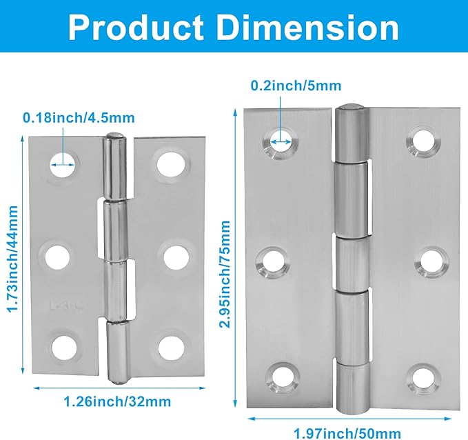 BokWin 12 Pcs 2 Inch and 4 Pcs 3 Inch Small Door Hinges Butt Folding Hinges Stainless Steel Silver with Screws for DIY Wooden Boxes, Furniture, Woodworking Craft Projects