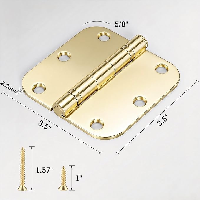 1 Pack Ball Bearing Door Hinges Polished Brass 3.5 Inch 5/8"Radius Round Anti Squeak Interior 3-1/2"Flat Iron Bifold Standard Office Bedroom Indoor for Doors 3 ½" Hardware Home House Decor Accessories