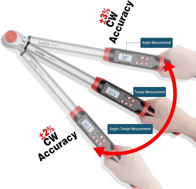 Leolee 1/2-Inch Drive Digital Torque Wrench with Angle, 7.38-147.5 Ft-Lb | 10-200Nm, ±2% Accuracy, Preset Value, Data Storage, Buzzer, LED Flash Notification, for Car Tire, Lug Nuts, Automotive Repair