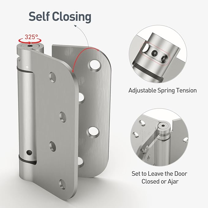 HOSOM 4 Pack Brushed Nickel Self Closing Door Hinges, 4 Inch 5/8'' Radius Corners Spring Door Hinge, Adjustable Tension for Garage, Front Door, Back Door, UL Listed, for Left and Right Hand Door