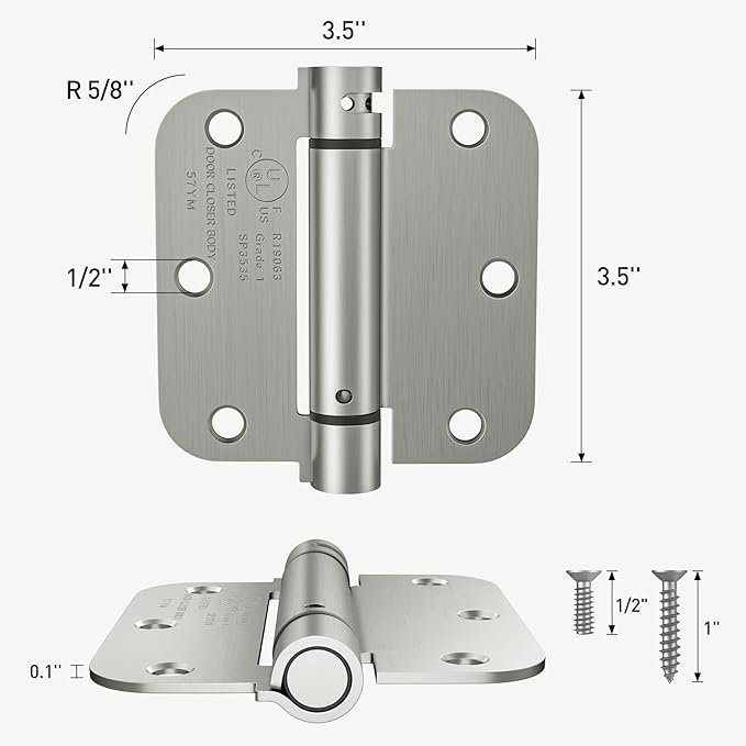 HOSOM 4 Pack Brushed Nickel Self Closing Door Hinges, 3.5 Inch 5/8'' Radius Corners Spring Door Hinge, Adjustable Tension for Garage, Front Door, Back Door, UL Listed, for Left and Right Hand Door