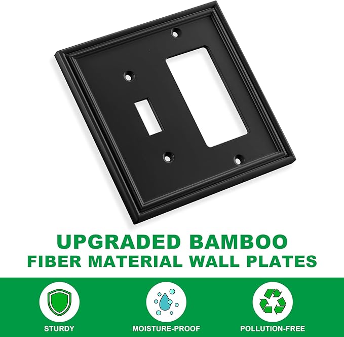 Black Modern Decorative Wall Plate Light Switch Cover Decorator Outlet Covers Rocker Switch Plates Bamboo Fiber Material Wall Plates for Kitchen Bathroom (2 Gang Toggle/Decorator-2 Pack)