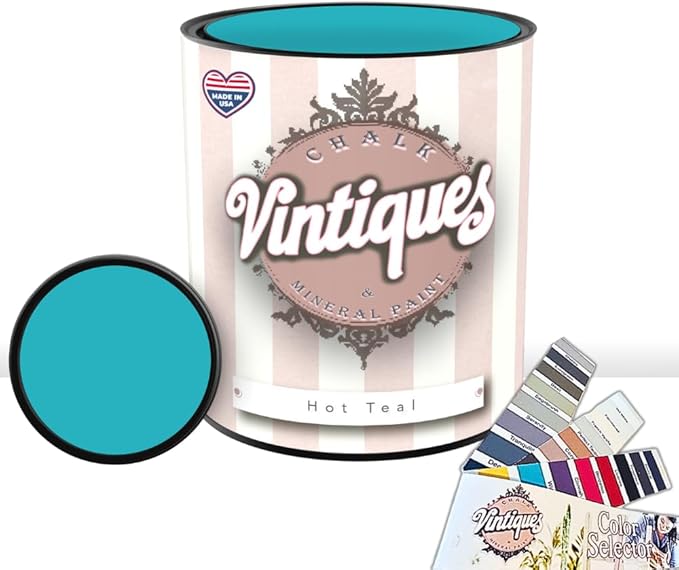 Vintiques Chalk & Mineral Paint, Hot Teal, 32oz - Matte Finish- Easy Application for DIY Projects - Furniture, Wood, Metal, Home Decor and More - includes color card