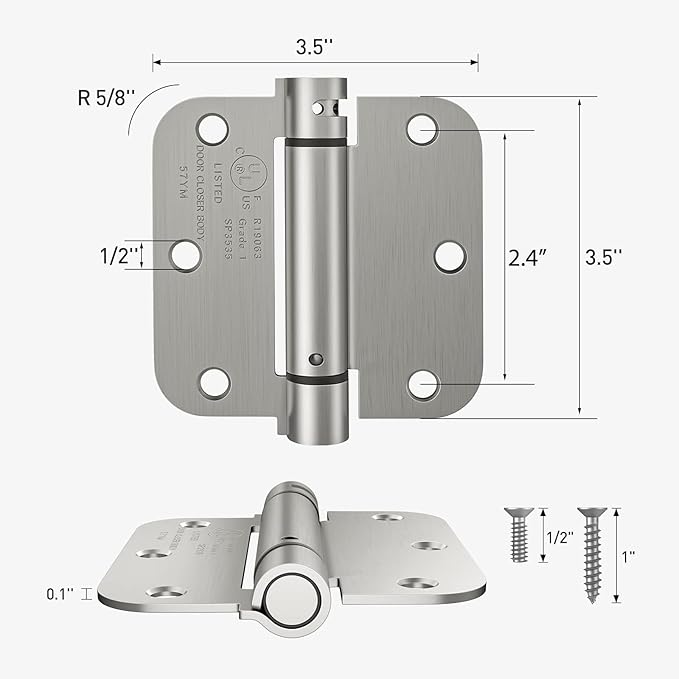 HOSOM Self Closing Door Hinges 3.5 Inch, Spring Loaded Hinges, Adjustable Tension for Interior Door, UL Listed, for Left and Right Hand Door, 5/8'' Radius Corners, Brushed Nickel, 1 Pack