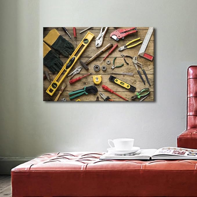 TUMOVO Wall Art for Office Wall Art Old Carpenter Tools on Wooden Background Picture, Canvas Print Artwork Poster Home Study Repair Shop Wall Decor 1 Panels ((16" Wx24 H)