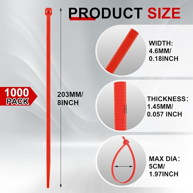 SATINIOR 1000 Pack 8" Red Plenum UL Rated Cable Ties Bulk Wire Zip Ties with 50 lb Tensile Strength for Premium for HVAC & Commercial Air-Handling Use Industry Aviation Data Center