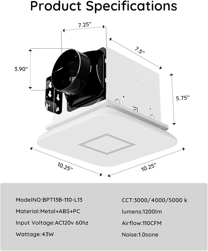Fitop Bathroom Fan with Light，110CFM 1.0 Sones 1200lm LED Light 3000K/4000K/5000K Selectable，120V 43W Quiet Bathroom Ventilation Exhaust Fan for Shower/Restroom/Office/Home(silver)