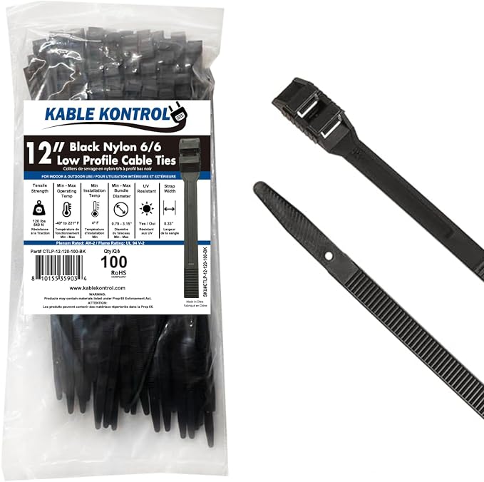 Kable Kontrol Low-Profile Cable Ties 12 Inch 100 Pcs, 120 Lbs Test – Black | Double Locking Cable Ties UL Listed Inline Zip Ties - Chemical, UV & Abrasion Resistant Ties for Automotive & Medical Use