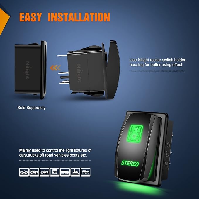 Nilight Stereo Rocker Switch Led Light Bar 5Pin Laser On Off SPST switches 20A/12V 10A/24V Green with Jumper Wires Set for Cars Trucks RVs