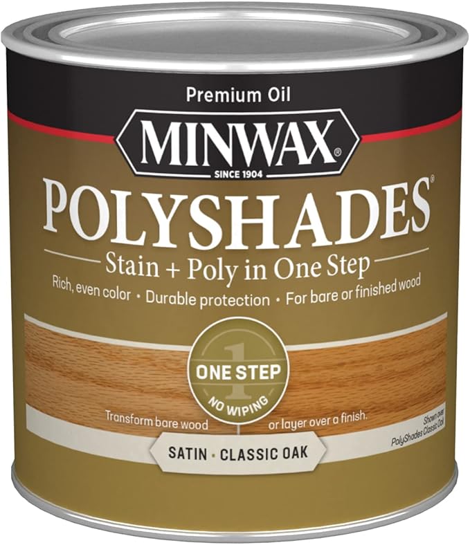Minwax PolyShades Wood Stain + Polyurethane Finish – ½ Pint, Classic Oak, Satin