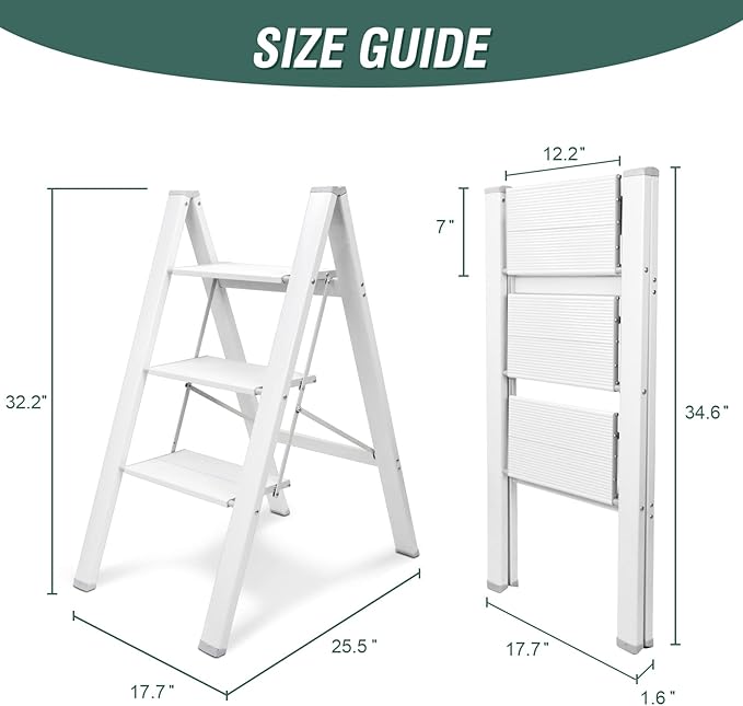 HBTower 3 Step Ladder, Aluminum Ladder, Folding Step Stool for Adults, 330LBS Capacity Sturdy& Portable Ladder for Home Kitchen Library Office, White