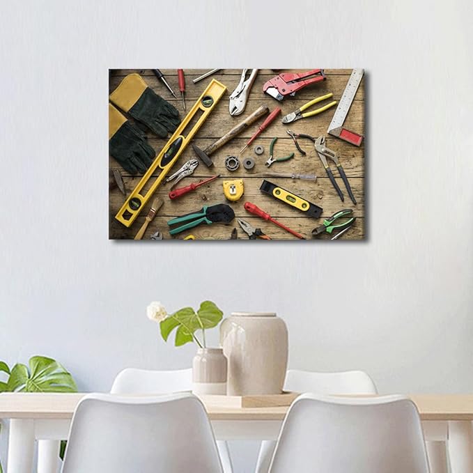 TUMOVO Wall Art for Office Wall Art Old Carpenter Tools on Wooden Background Picture, Canvas Print Artwork Poster Home Study Repair Shop Wall Decor 1 Panels ((16" Wx24 H)