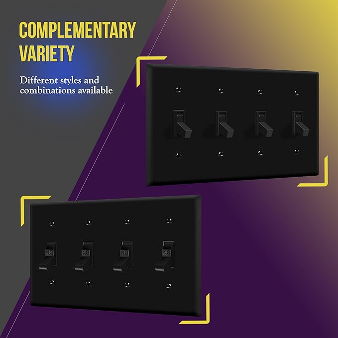 ENERLITES Quad Toggle Light Switch Wall Plate, Standard Size 4-Gang 4.50" x 8.19", Unbreakable Polycarbonate Thermoplastic, 8814-BK, Black