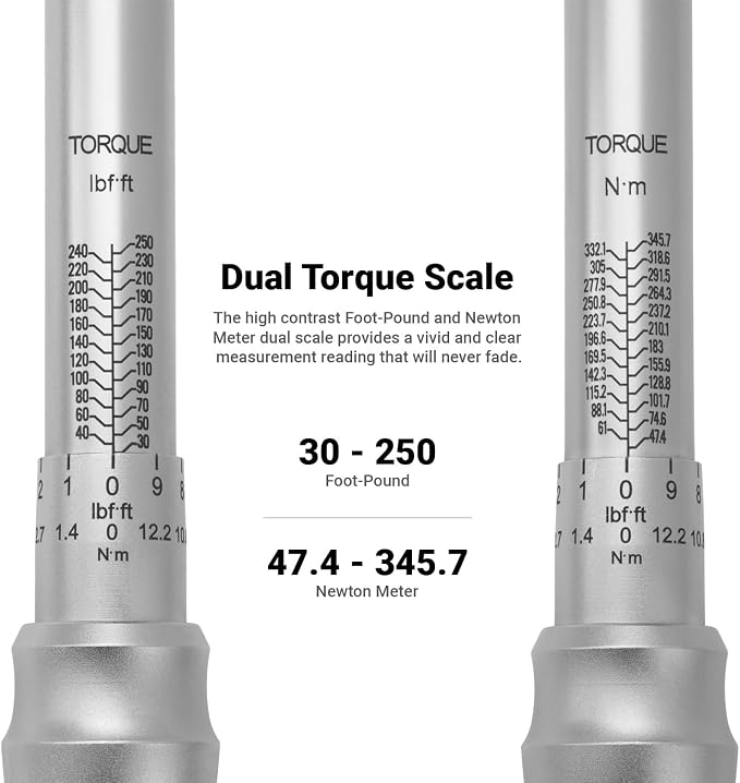Capri Tools 31202-250FL 30-250 Foot Pound Industrial Torque Wrench, 1/2" Drive, Matte Chrome