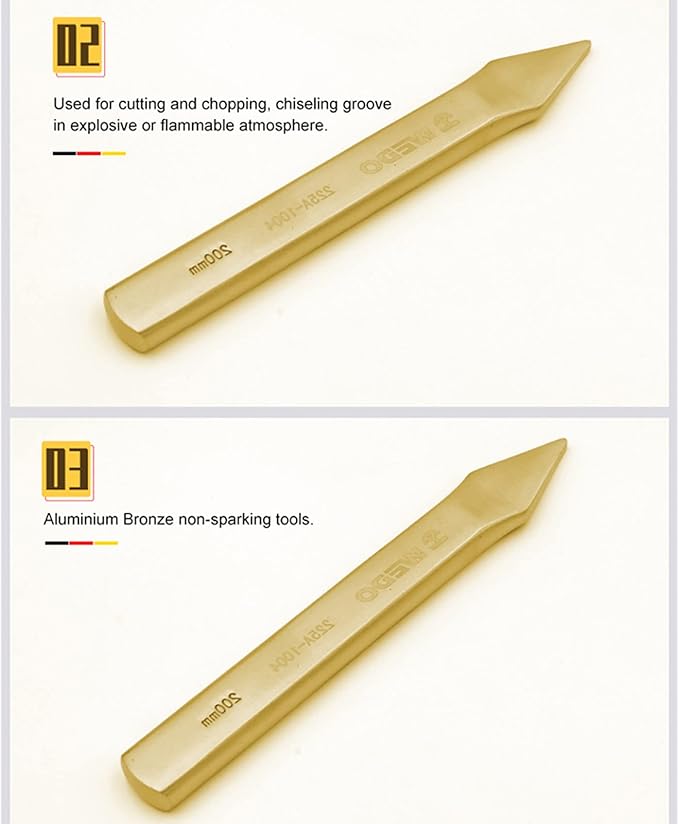 WEDO Non-Sparking Flat Chisel Pointy Head,Cold Chisel,Aluminum Bronze,4x7x200mm,BAM & FM Certificate,Cone Chisel for Carpentry, Metalwork, Woodwork & Masonry work