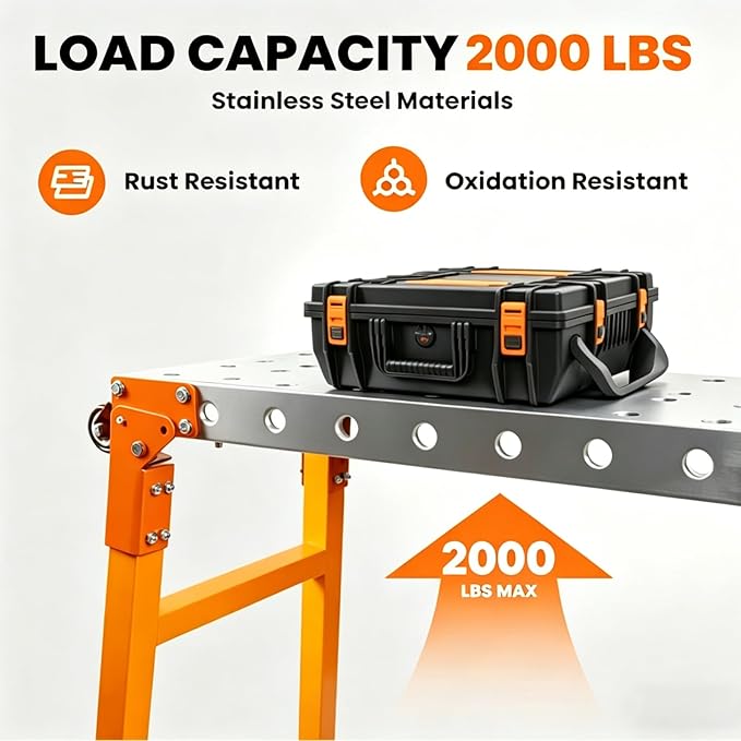 Adjustable Height Work Platform 2000 LBS 65"x12", Height 29" to 48" Folding Steel Work Bench, Portable Scaffold Ladder for Drywall, Painting & Home Renovation