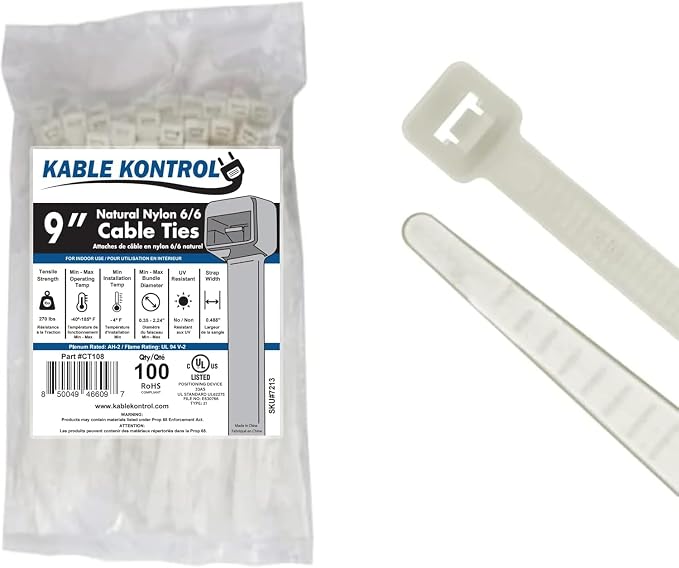 Kable Kontrol Heavy Duty Cable Zip Ties 100 Pcs 9 Inch, Natural White, 250 Lbs Tensile Strength, Self-locking Nylon Clear Plastic Wire Ties wraps for Indoor or Outdoor Use