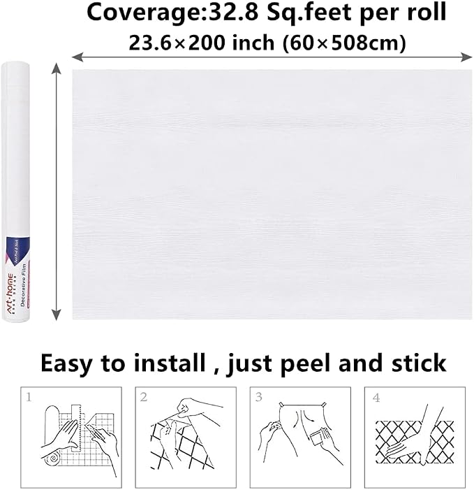 Arthome Peel and Stick Wallpaper - White Wood Contact Paper - White Wallpaper - Self-Adhesive, Removable and Waterproof for Cabinet, Countertop (23.6''x200'')
