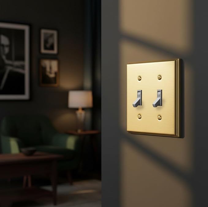 Rio Salto Decorative Double Toggle Light Switch Cover Plate BRASS Brushed Gold Metal Toggle Switch Plate Outlet Covers Designer Wall Plate — Deco Collection 4.50" X 4.56"