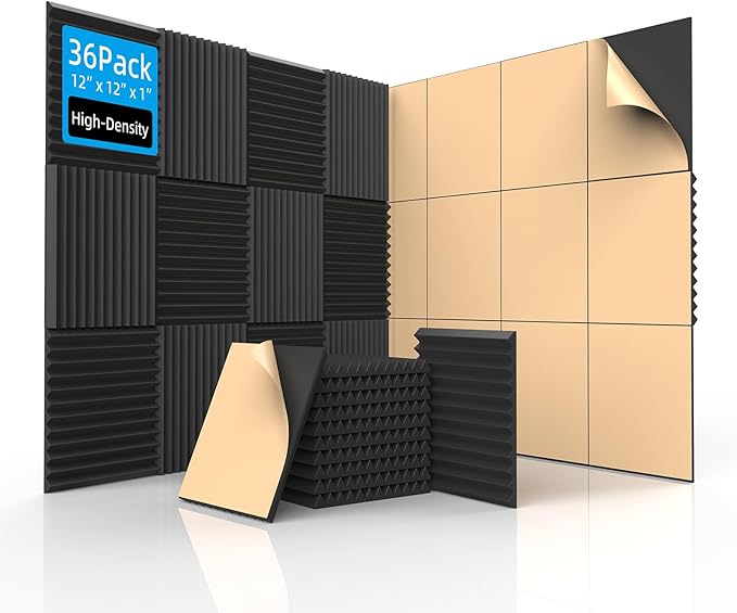 SD SODOCT 36 Pack Acoustic Foam Panels with Self Adhesive 12" X 12" X 1" Sound Proof Foam Panels for Walls High Density Wedge Soundproof Wall Panels for Studio Office Gaming Room