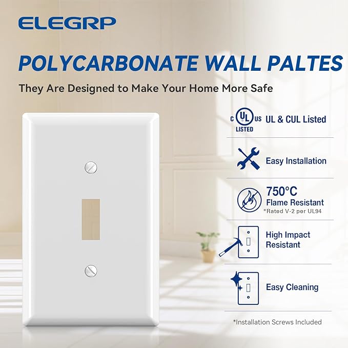 ELEGRP 1-Gang Mid Size Toggle Switch Covers, Light Switch Wall Plate, Unbreakable Polycarbonate Replacement Faceplates Covers, UL Listed, Color-matched Screws Included (10 Pack, Glossy White)