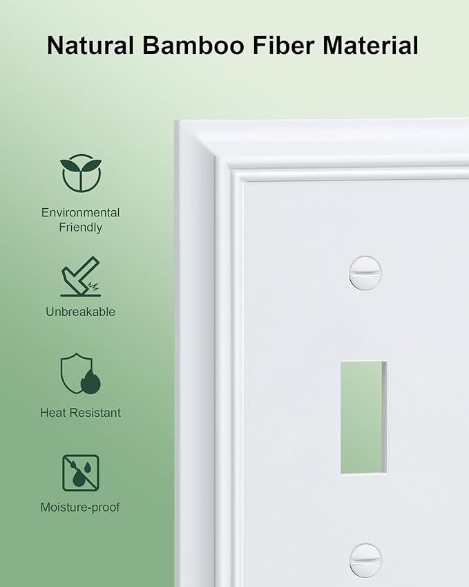 2-Pack Combo Double Toggle/Duplex Outlet Covers, Pure White Switch Plates and Outlet Covers, Natural Bamboo Fiber Wall Plates for Electrical Outlets, 3 Gang Receptacle Cover, Corrosion Resistant
