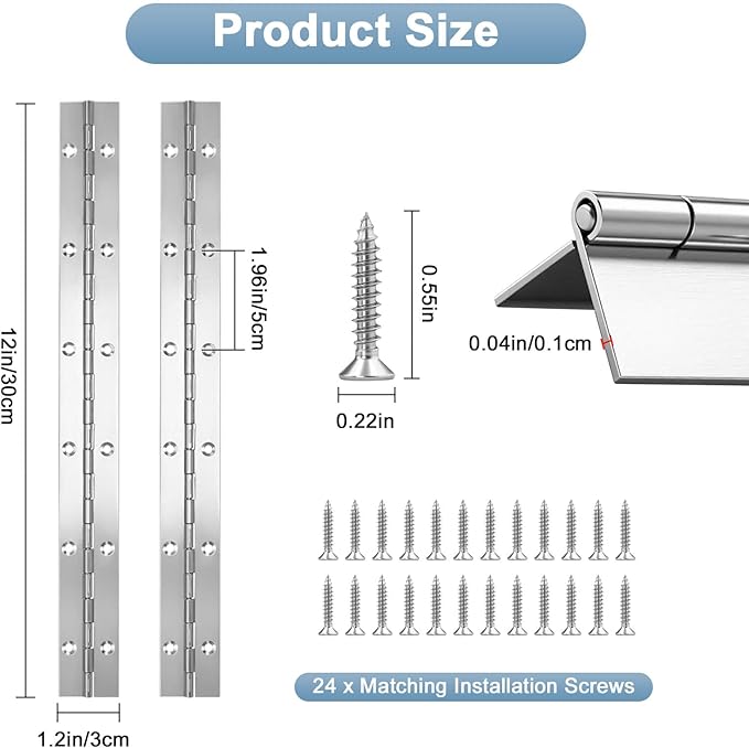 2Pcs Piano Hinge, 12 Inch Stainless Steel Hinges with Holes and 24 Pieces Stainless Steel Screws, Piano Heavy Duty Hinges, Suitable for Cabinets, DIY Storage Boxes, and Marine Scenarios