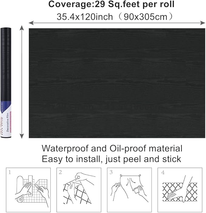 Arthome Peel and Stick Contact Paper Black Wood Wallpaper Self-Adhesive & Removable Vinyl Wall Paper for Countertop Furniture Kitchen, Easy to Clean, (33" x 120")