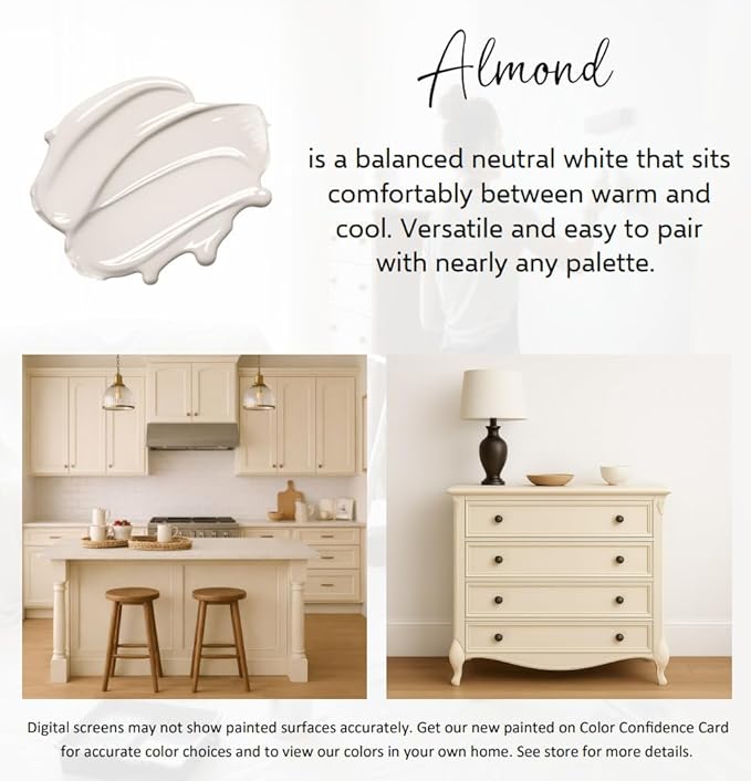 ALL-IN-ONE Paint by Heirloom Traditions, Almond (Neutral White), 8oz Sample - Durable cabinet and furniture paint. Built in primer and top coat, no sanding needed. Includes our 30 featured color card.
