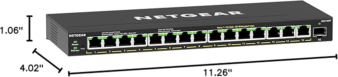 NETGEAR 16-Port PoE Gigabit Ethernet Easy Smart Essentials Switch (GS316EP) - Managed, with 15 x PoE+ @ 180W, 1 x 1G SFP Port, Desktop or Wall Mount