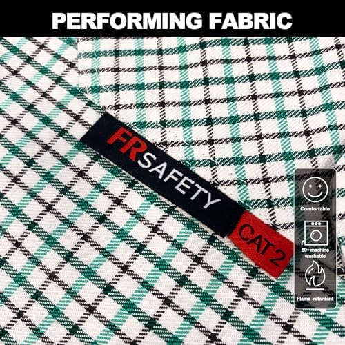 FR Shirts for Men 7oz Fire Resistant Shirts CAT2 Welding Shirt 100% Cotton Flame Resistant Shirt Greens/Plaid(Medium)