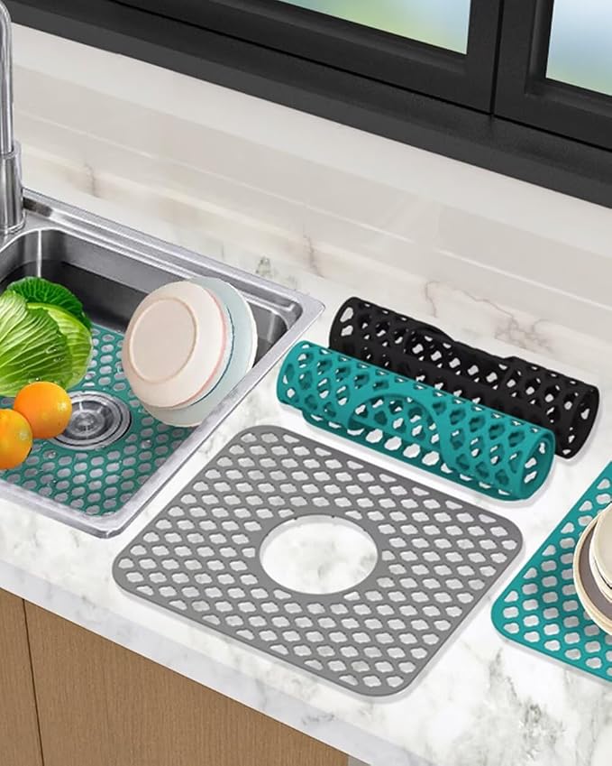 Kitchen Sink Mat 13.6 x 11.6in Silicone Sink Mat Non Slip Sink Protector for Farmhouse Kitchen Green